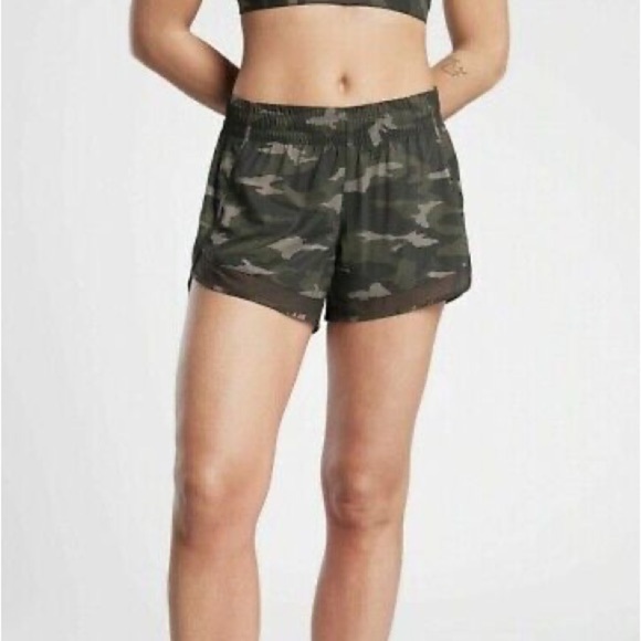 Athleta Camo Mesh Racer Running Speed Shorts 4" Lined Zipper Pocket Athleisure - Picture 3 of 10